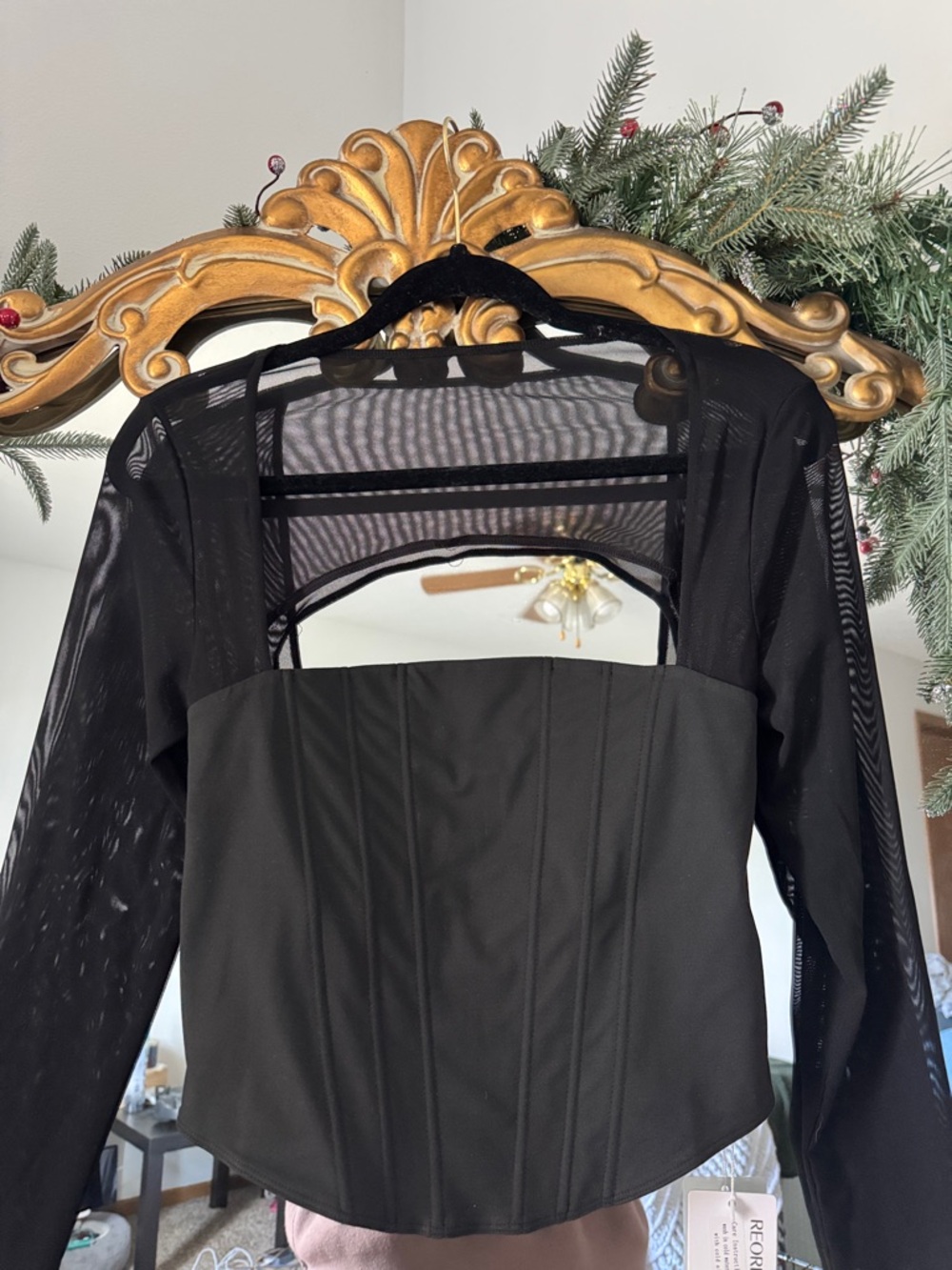 Black Mesh-Sleeve Women's Corset Top